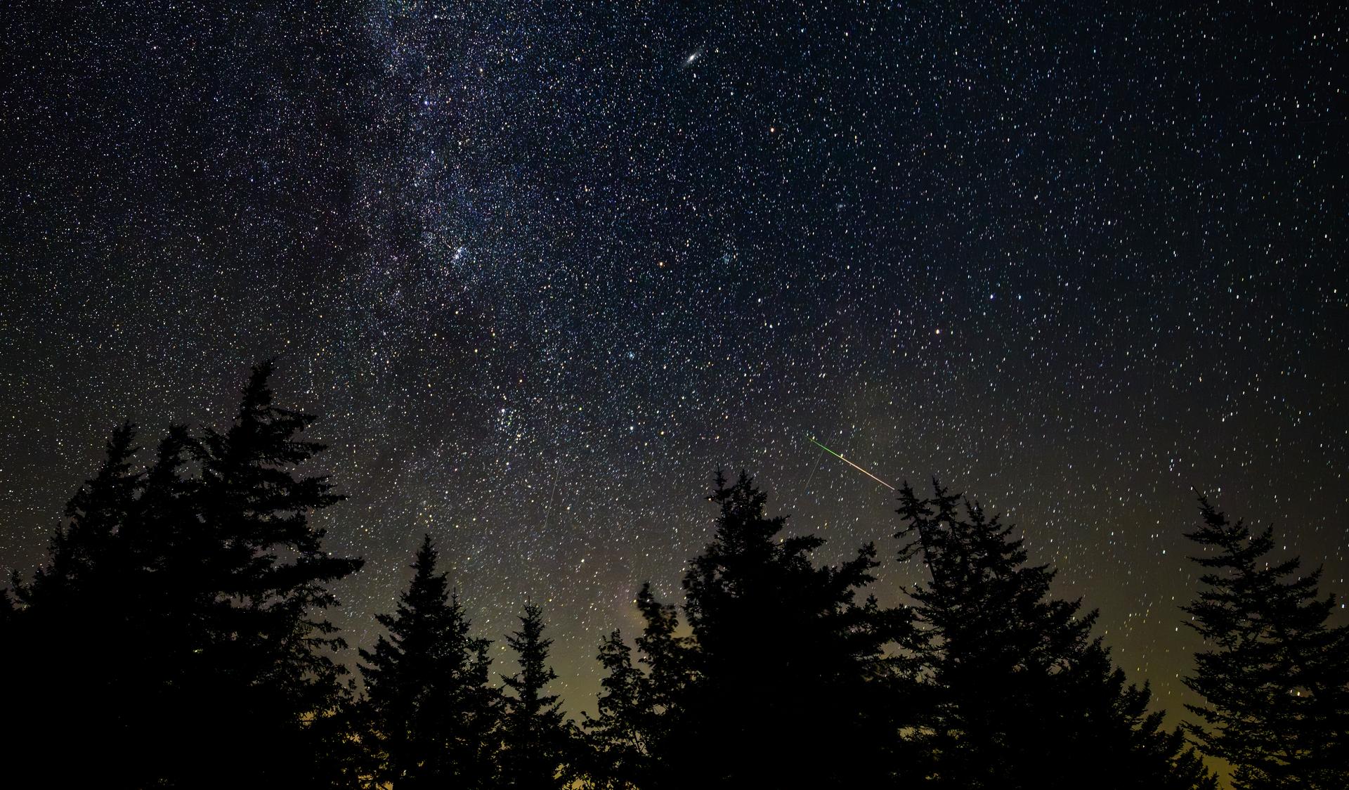 Ciel nocturne étoilé traversé par des météores au-dessus d'un horizon sombre