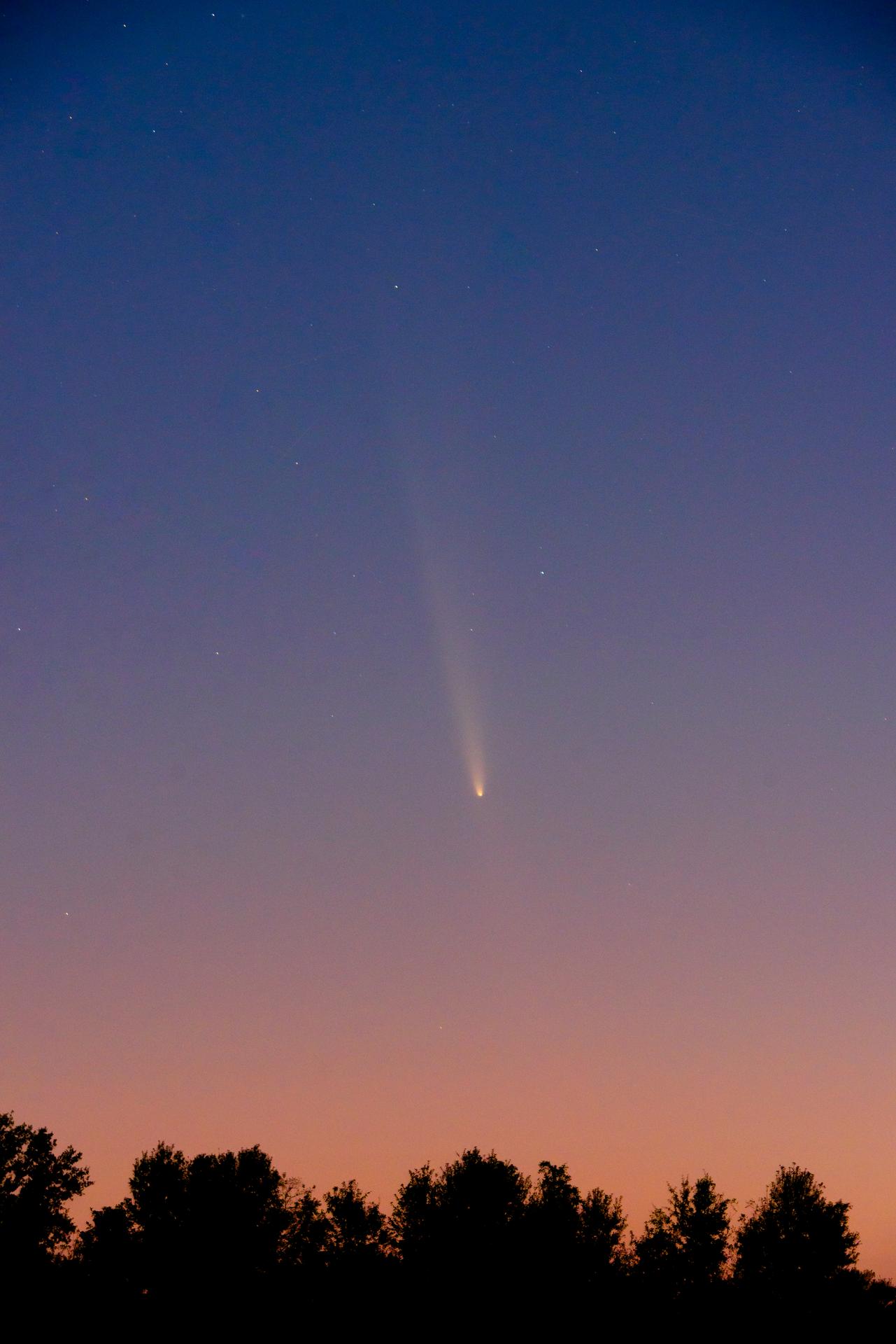 Ciel nocturne avec une comète et la planète Vénus visibles au-dessus d'un horizon